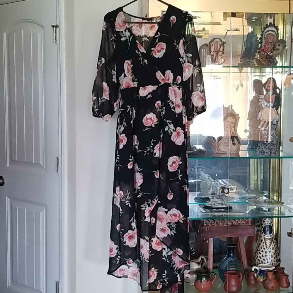 A long black and pink light green dress